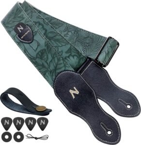 Nefelibata Guitar Strap with Pick Pocket,2.3 inch Porter Style Vegan Leather Guitar Straps, 60s Western Vintage,Guitar Pick,Strap Button and Strap Lock (Green)