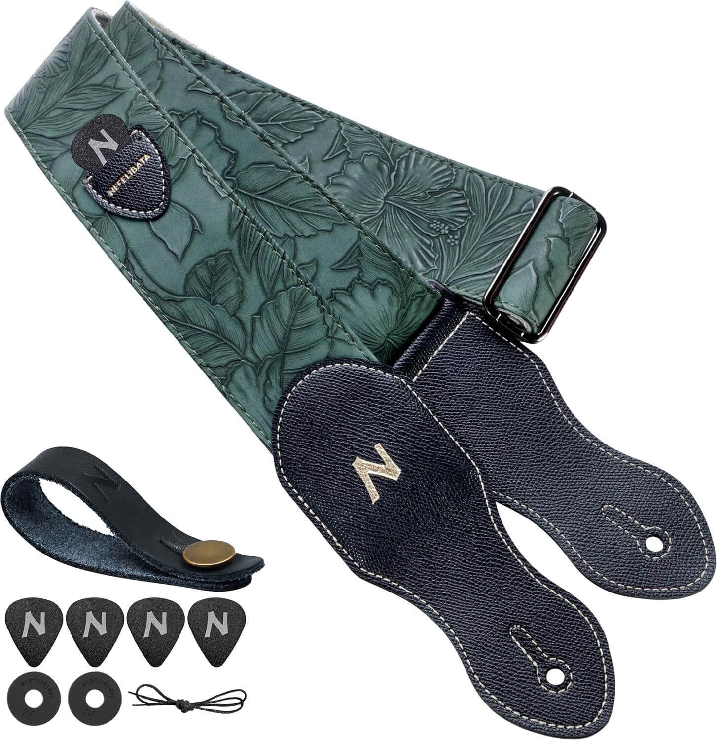 Nefelibata Guitar Strap with Pick Pocket,2.3 inch Porter Style Vegan Leather Guitar Straps, 60s Western Vintage,Guitar Pick,Strap Button and Strap Lock (Green)