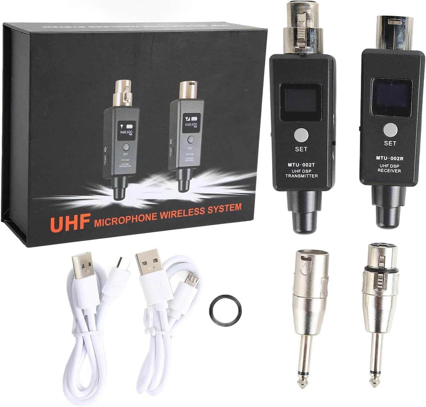 XLR Wireless Microphone Transmitter Receiver, U3 Adapter Rechargeable 2.4GHz System Set for Dynamic Microphone