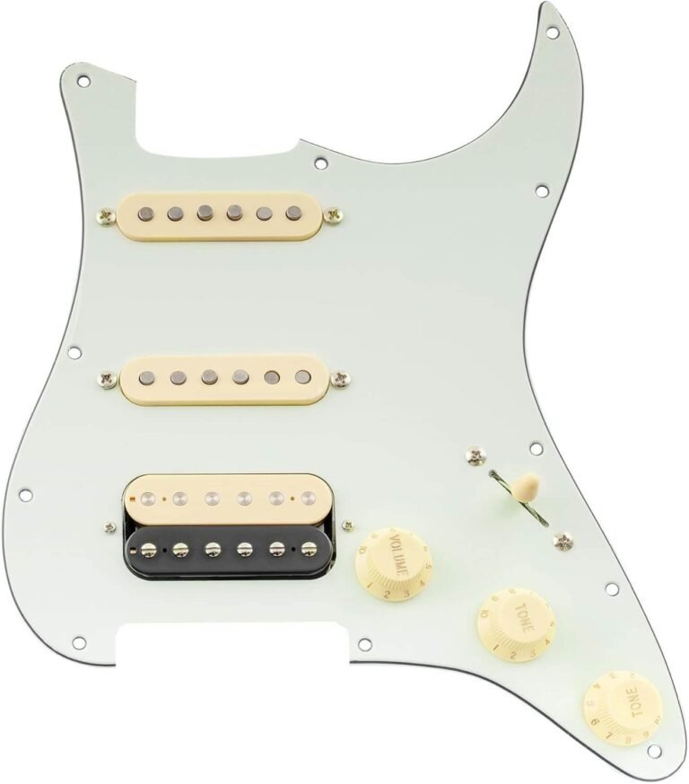 Musiclily Pro Auto-Split Pre-wired Standard HSS Pickguard with Artec Pickups Alnico 5 Magnet for ST Style Electric Guitar, 3ply Aged White