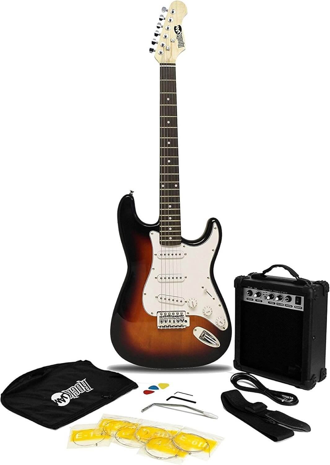 RockJam Full Size Electric Guitar Kit with 10-Watt Guitar Amp, Lessons, Strap, Gig Bag, Picks, Whammy, Lead and Spare Strings - SunBurst