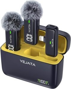 YEJATA Wireless Microphone for iPhone iPad with Transmitter Digital Display and 40 Hours Charging Case, Clip on Wireless Lavalier Microphone for Video Recording - Set of 2