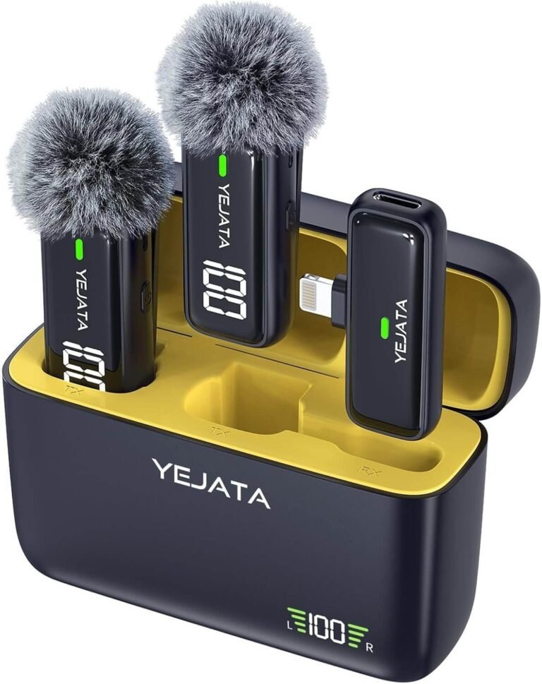 YEJATA Wireless Microphone for iPhone iPad with Transmitter Digital Display and 40 Hours Charging Case, Clip on Wireless Lavalier Microphone for Video Recording - Set of 2
