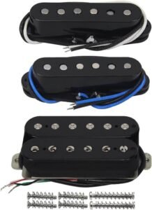 FLEOR Alnico 5 HSS Set Staggered Single-Coil+Humbucker Pickup fit ST Electric Guitar,Guitar Part Neck+Middle+Bridge Pickup（14-15K）Black