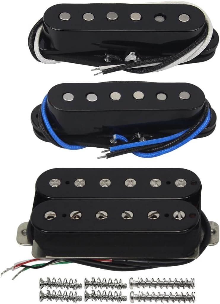 FLEOR Alnico 5 HSS Set Staggered Single-Coil+Humbucker Pickup fit ST Electric Guitar,Guitar Part Neck+Middle+Bridge Pickup(14-15K)Black