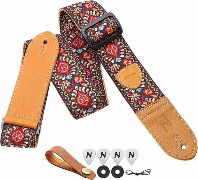 Nefelibata Guitar Strap,Double leather ends,Vintage Woven W/FREE BONUS-4 Picks+Strap Locks+Strap Button,Best Gift For Bass,Electric&Acoustic Guitars for Guitar(Vintage red yellow embroidery)