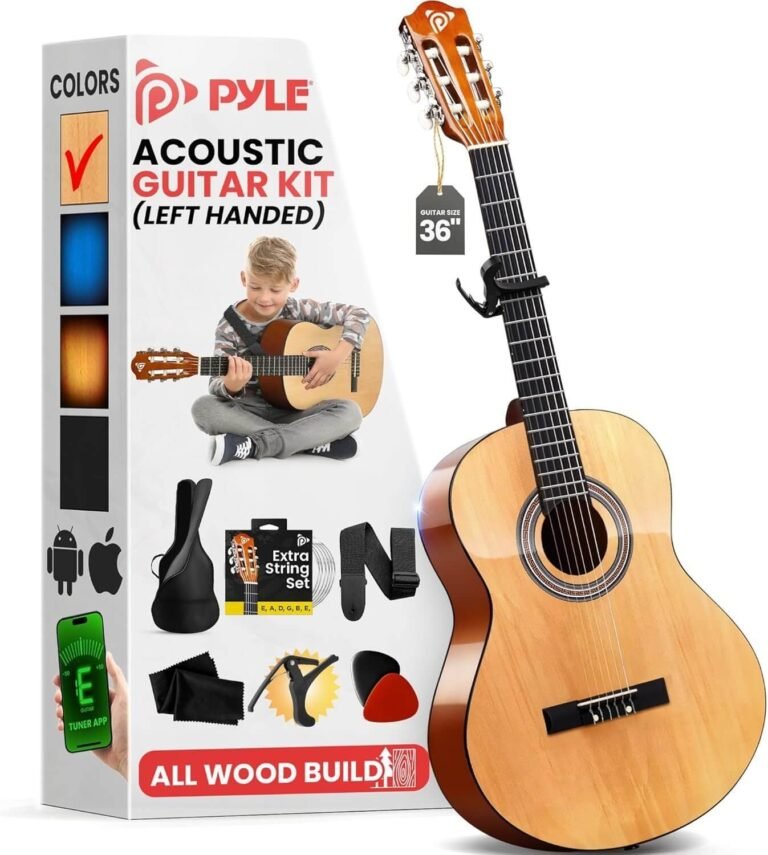 Pyle Left Handed Beginner Acoustic Guitar Kit, 3/4 Junior Size All Wood Build Nylon String Instrument with Capo, Strap, Extra String Set, Gig Bag