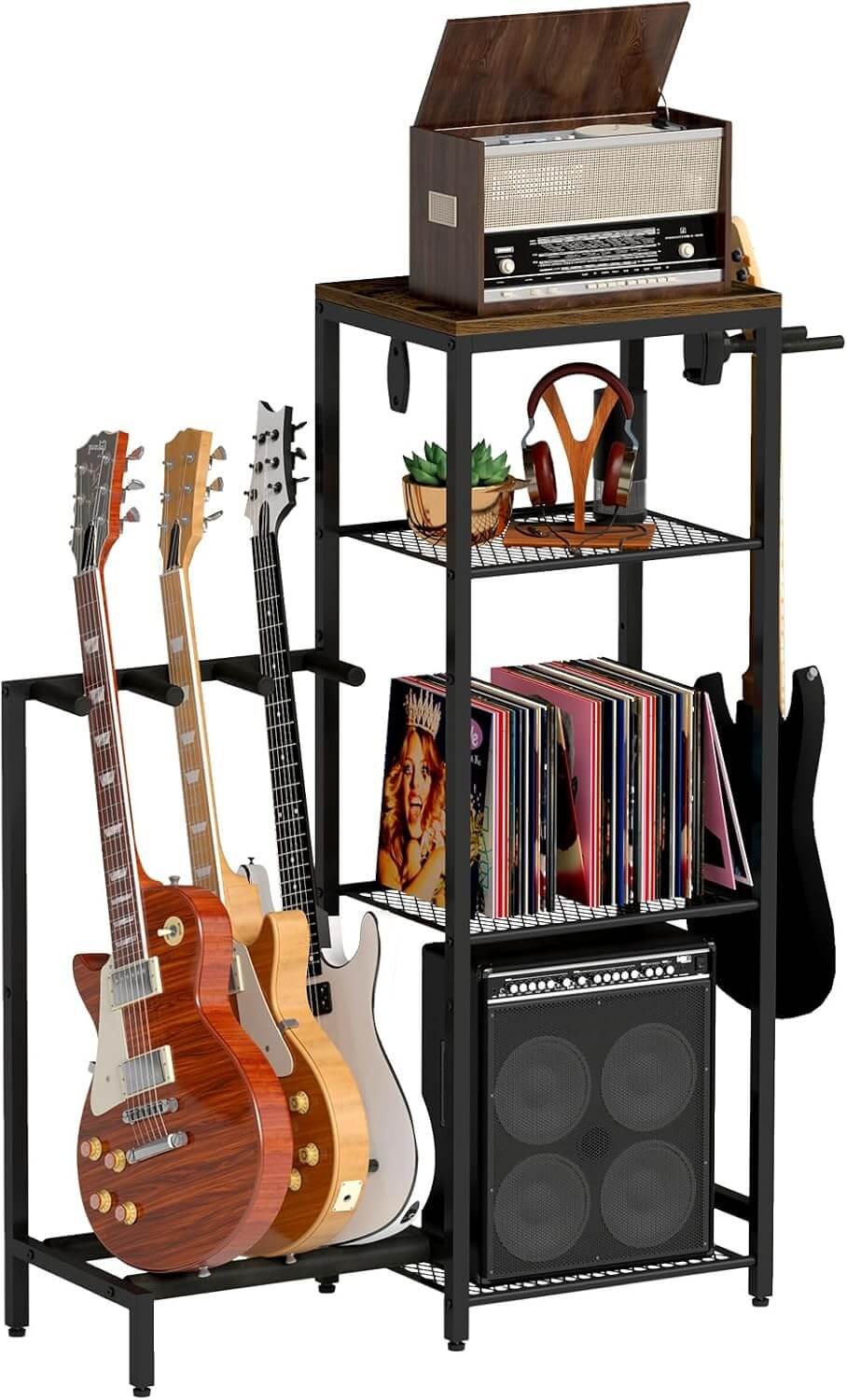 Guitar Rack, Multi Guitar Stand Multiple Guitars, Guitar Stand Floor with 4 Guitar Holders for Acoustic,Electric Guitar,Bass,Ukulele, with Amp Stand & Record Stand, for Music Studio & Home