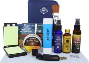Guitar Cleaner Care Cleaning Kit,Maintenance Kit 11 Pack,Beeswax,Polish,Lemon Oil,String Oil,String Saver,String Guard Pen(Random Color),Winder,Guitar Strings,String Brush,Cleaning Cloth,Case