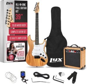LyxPro Electric Guitar 39" inch Full Beginner Starter kit Full Size with 20w Amp, Package Includes All Accessories, Digital Tuner, Strings, Picks, Tremolo Bar, Shoulder Strap, and Case Bag - Natural