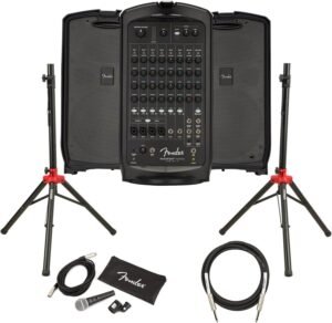 Fender Passport Venue S2 Portable PA System Bundle with Compact Speaker Stands, Microphone, Mic Stand Clip, XLR Cable, and Instrument Cable