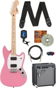 Fender Squier Sonic Mustang, Maple Fingerboard, HH Electric Guitar Bundle with Frontman 10G Amplifier, Guitar Cable, Fender Tuner, Strap, Picks, and Austin Bazaar Instructional DVD - Flash Pink