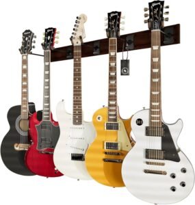 String Swing Guitar Wall Rack - Multiple Guitar Wall Mount - Guitar Organizer for Acoustic & Electric Guitars - 5 Padded Arm Hangers & Copper Slatwall Rail - Wall Mount Guitar Rack - MADE IN USA