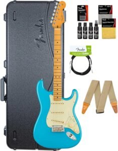 Fender American Professional II Stratocaster - Miami Blue Bundle with Case, Strap, Cable, and Guitar Cleaning Kit
