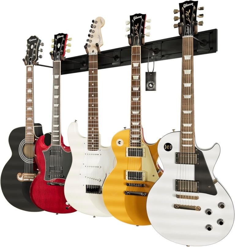 String Swing Guitar Wall Rack, Multiple Guitar Wall Mount, Guitar Organizer for Acoustic & Electric Guitars, 5 Padded Arm Hangers & Black Slatwall Rail, Wall Mount Guitar Rack - Made in USA