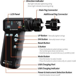 T2 Smart Automatic Guitar & Ukulele Tuner | Fast Acoustic Guitars Auto-Tuner With 180RPM Electric String Winder | Safe & Professional Grade Tuner For Ukuleles | USB Rechargeable Battery
