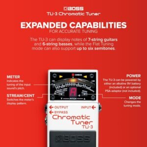 BOSS TU-3 Chromatic Floor Tuner for Guitar and Bass | Industry-Standard Performance | Tank-Tough BOSS Stompbox Body | 21-Segment LED Meter | Accurate to +/- One Cent | Accu-Pitch Sign Function