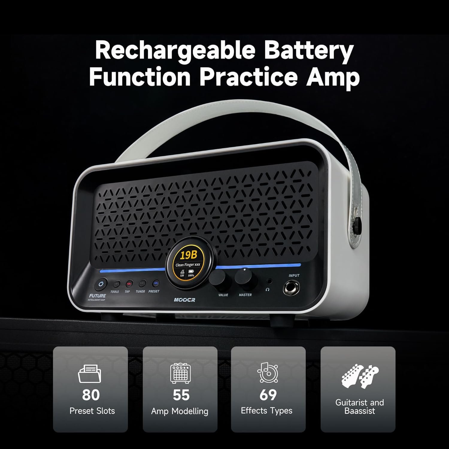 MOOER F15i AI Smart Guitar Amp Touch Screen 15W With Effects Application, 6 Hours Playtime, 55 Amp Models, 66 Effects Types, Loop/Drum Machine/Mod/Reverb/Delay, OTC Record For Electric Guitar And Bass