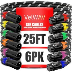 XLR Cables – 6-Pack 25ft Professional Microphone Cables with Multicolored Tips – Hi-Fi Sound – 3-Pin Male to Female XLR Microphone Cable Set – Oxygen-Free Copper Wiring - Durable Braided Jacket