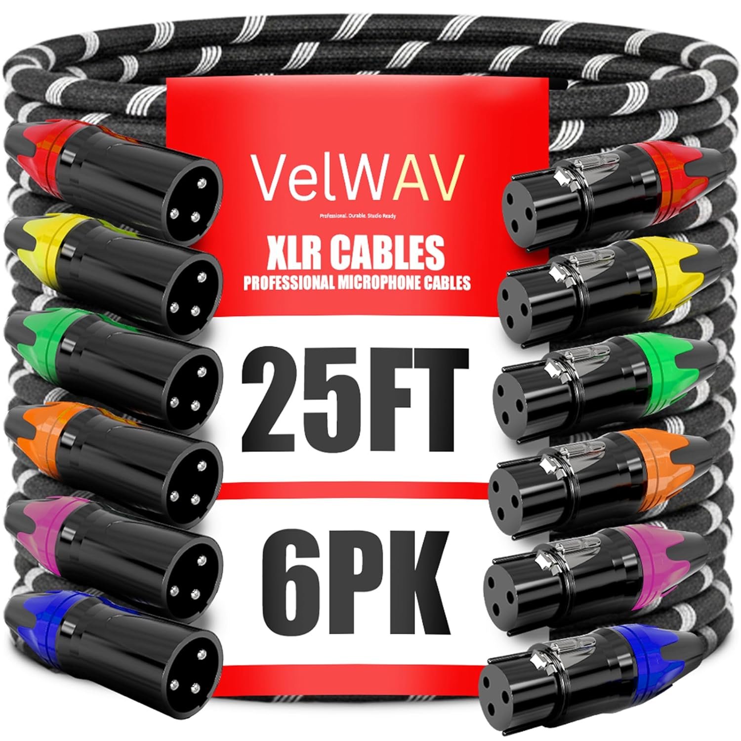 XLR Cables – 6-Pack 25ft Professional Microphone Cables with Multicolored Tips – Hi-Fi Sound – 3-Pin Male to Female XLR Microphone Cable Set – Oxygen-Free Copper Wiring - Durable Braided Jacket