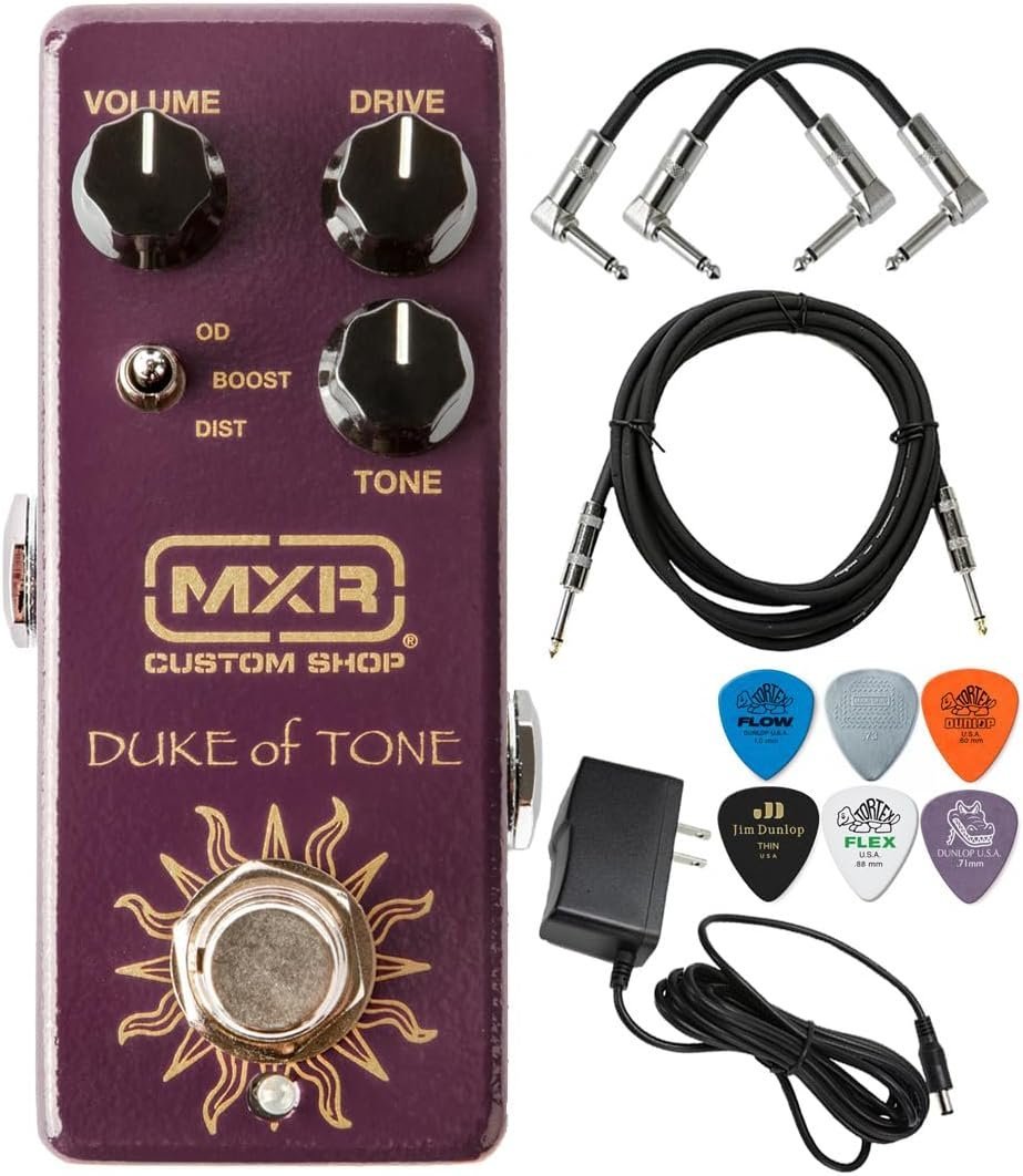 MXR CSP039 Duke of Tone Overdrive Guitar Effects Pedal Custom Shop with Tonebird 9V Power Supply Patch Cable, Picks, Instrument Cable Bundle