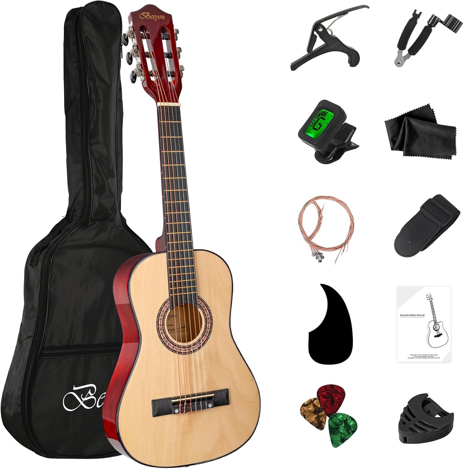 30in Beginner Acoustic Guitar Basic Starter Kit Tuner Bag Capo Strings Winders Strap Picks Student/Kids Guitar Pickguard with Gig Bag Sunset