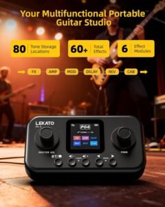 LEKATO Portable Multi Effects Guitar Pedal with 6 modules and Bluetooth controls sitting on a studio desk.
