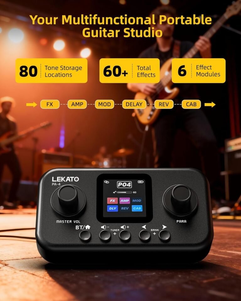 LEKATO Portable Multi Effects Guitar Pedal with 6 modules and Bluetooth controls sitting on a studio desk.