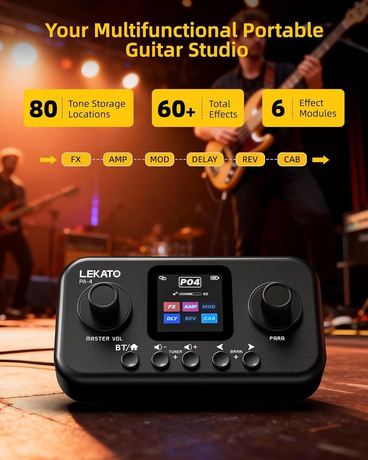 LEKATO Portable Multi Effects Guitar Pedal with 6 modules and Bluetooth controls sitting on a studio desk.