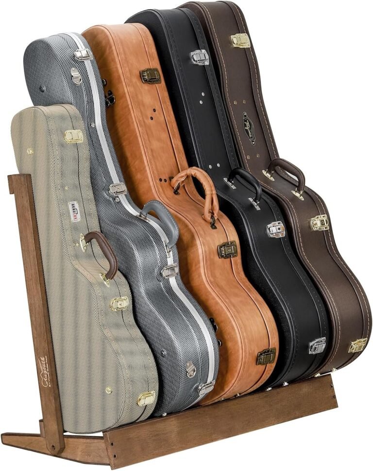 multi wood guitar rack for 5 guitars holding acoustic electric and bass guitars on padded floor display