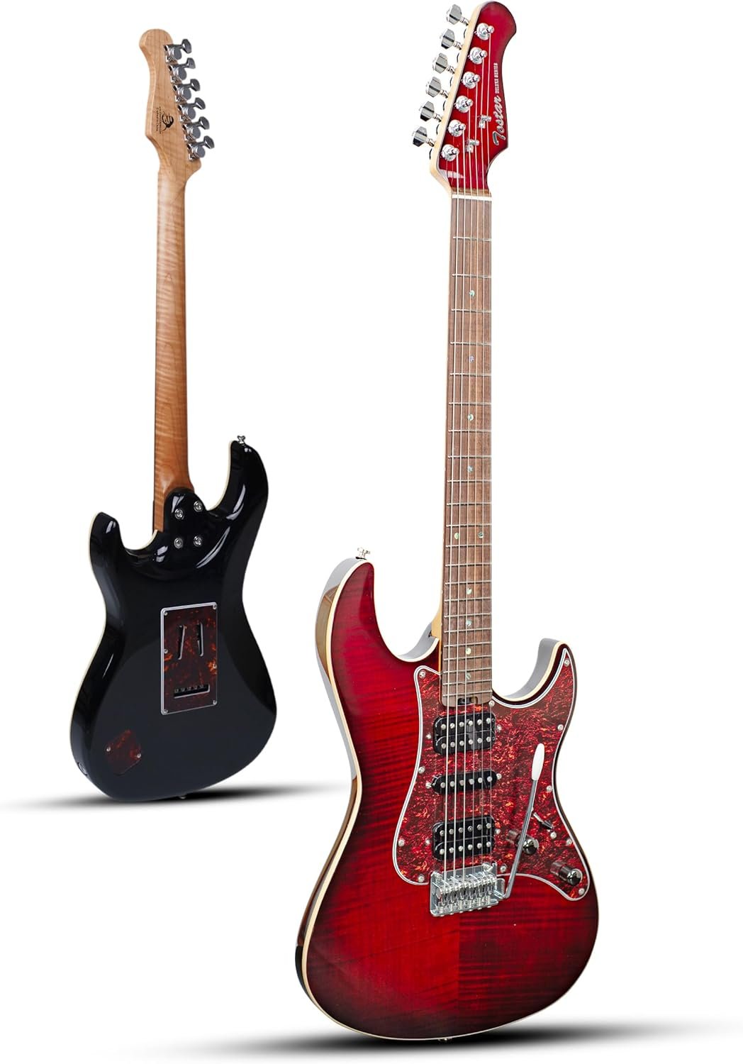 Solid body electric guitar in red with HSH pickups and locking tuners