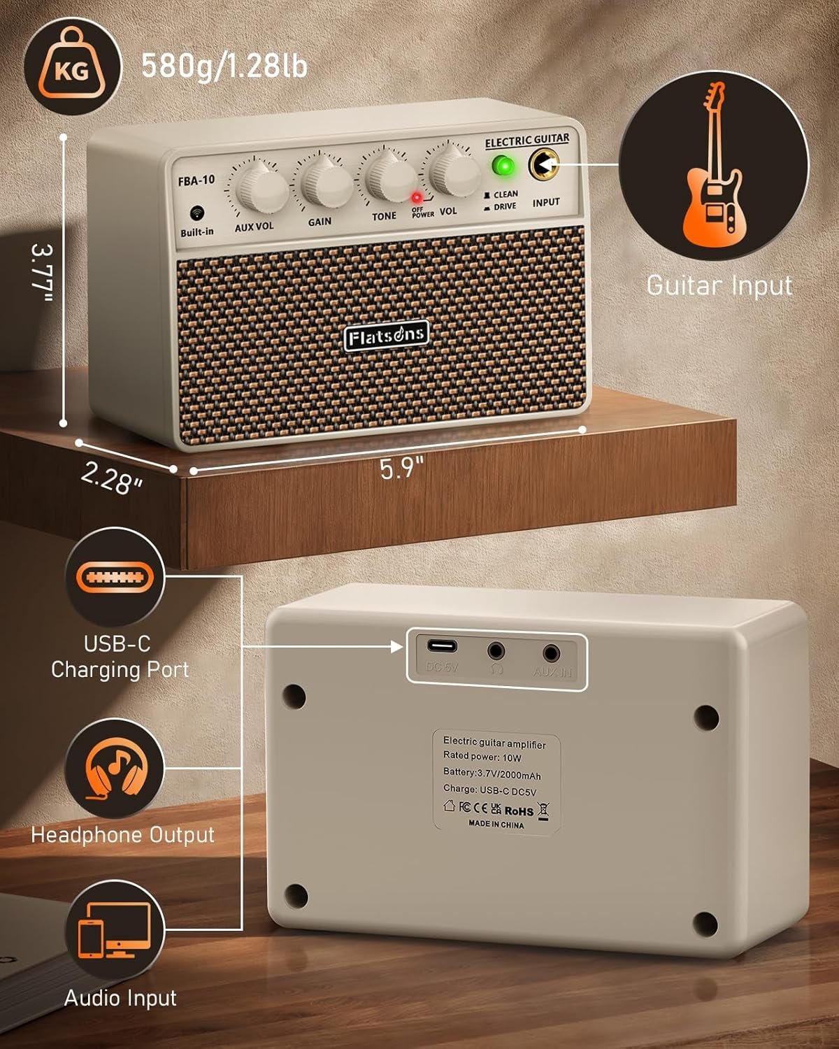 Flatsons FBA-10 white portable guitar amp with electric guitar on table showing USB-C port and control panel