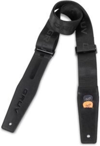 Gruv Gear ergonomic black guitar strap with anti-slip wide webbing and thick padding on a heavy bass guitar