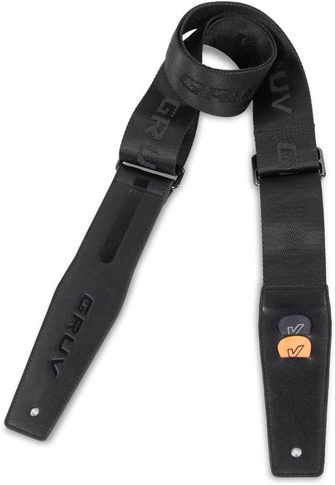 Gruv Gear ergonomic black guitar strap with anti-slip wide webbing and thick padding on a heavy bass guitar