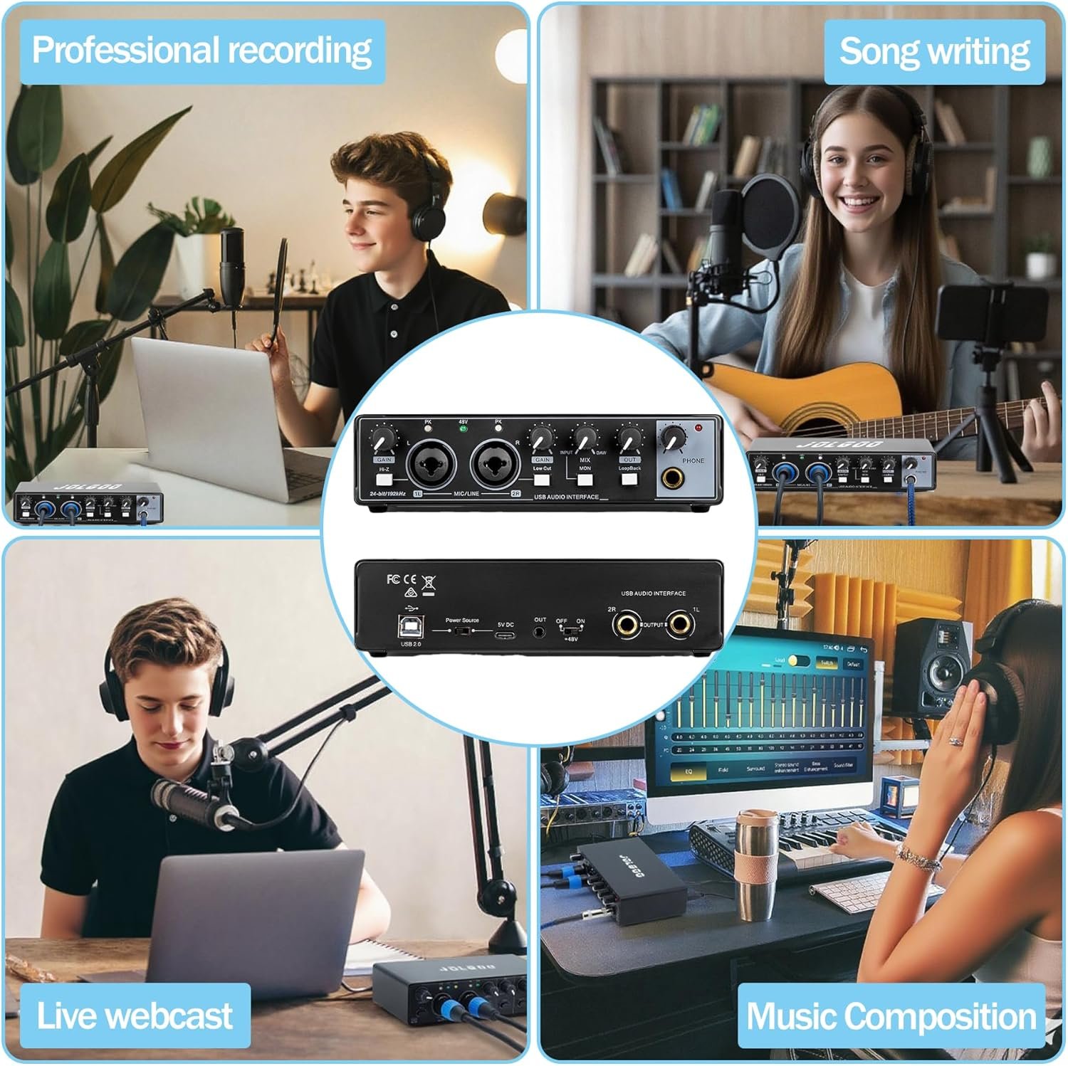 Jolgoo 2x2 professional USB recording interface connected to microphone and laptop