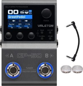 Valeton GP-50 silent practice pedal on a nightstand with headphones plugged in