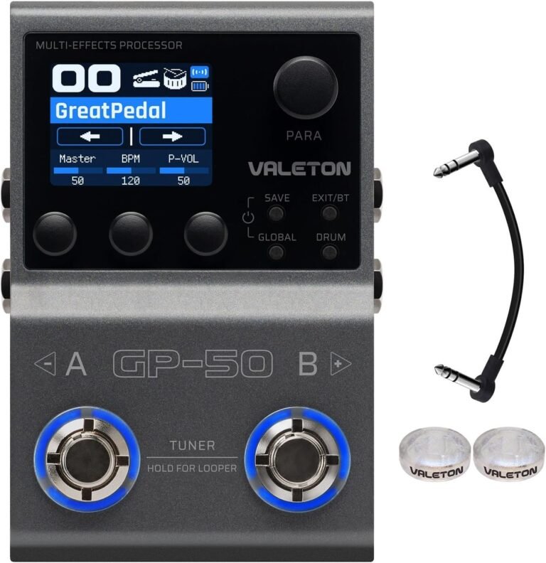 Valeton GP-50 silent practice pedal on a nightstand with headphones plugged in