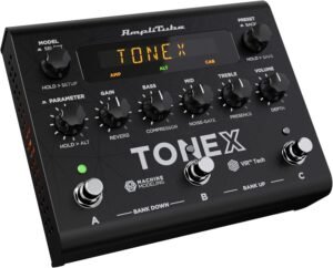 Guitarist preparing sounds for band rehearsal using a multi-effect pedal