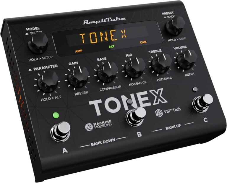 Guitarist preparing sounds for band rehearsal using a multi-effect pedal
