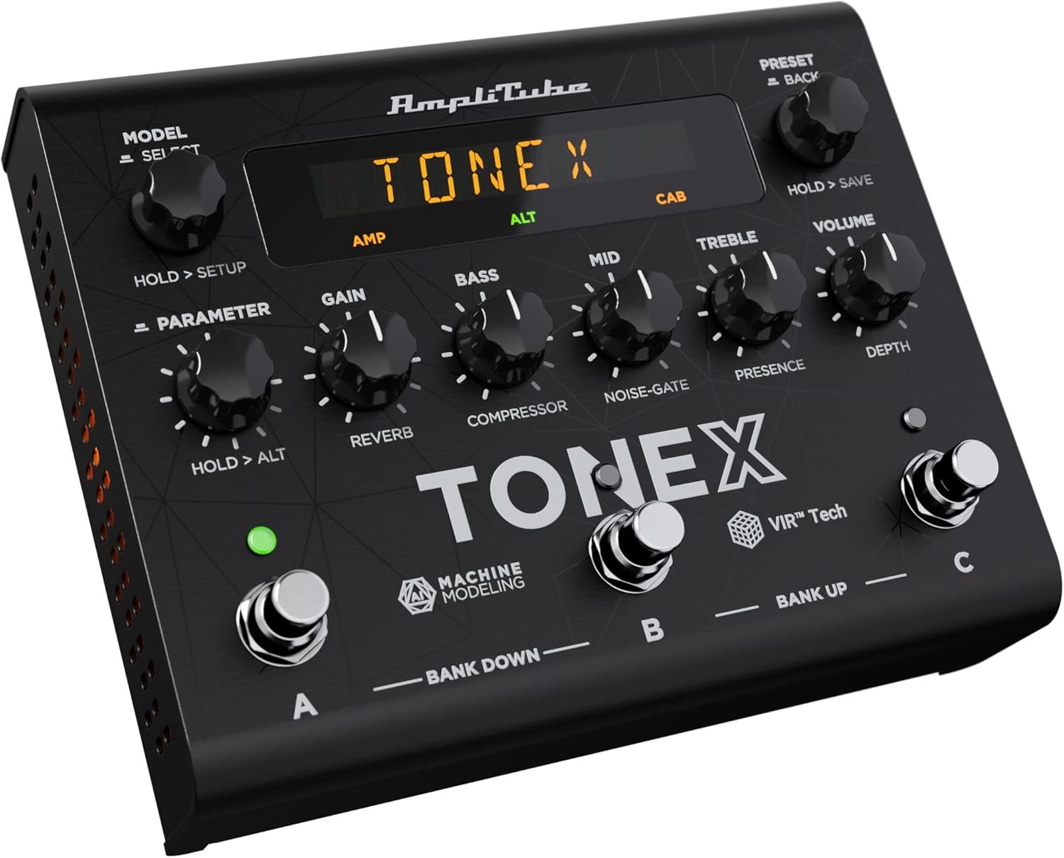 Guitarist preparing sounds for band rehearsal using a multi-effect pedal