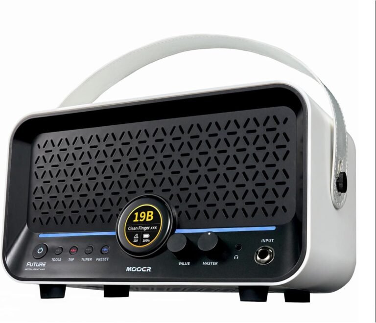 MOOER F15i smart guitar amplifier on a desk with electric guitar