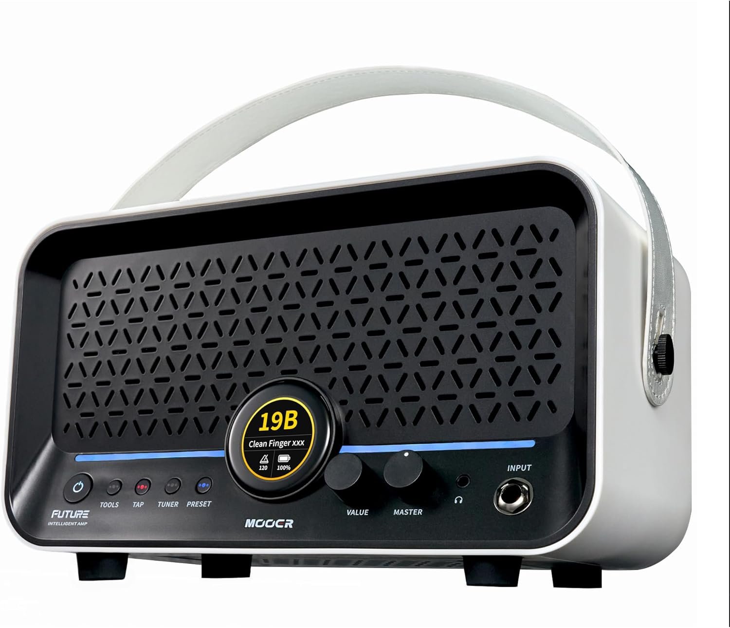 MOOER F15i smart guitar amplifier on a desk with electric guitar