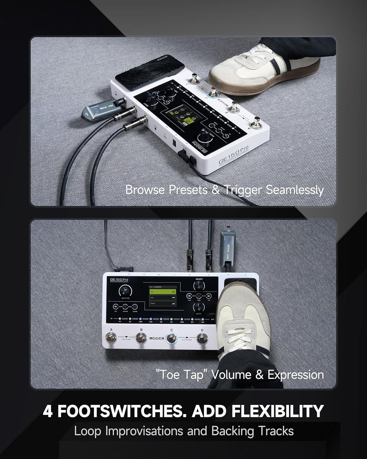 MOOER GE150 Pro multi‑effects pedal on a clean studio desk