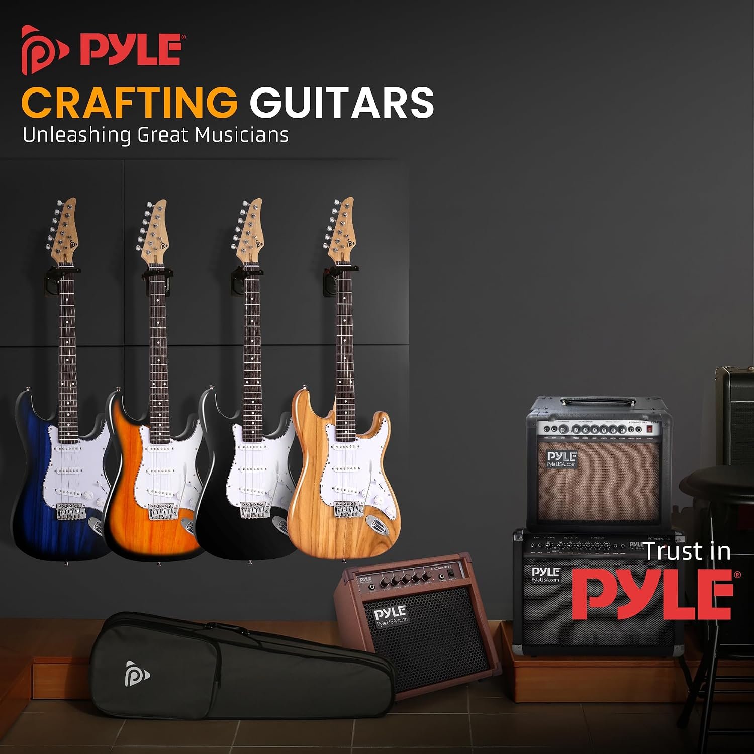 Pyle electric guitar kit with amplifier and accessories in natural finish
