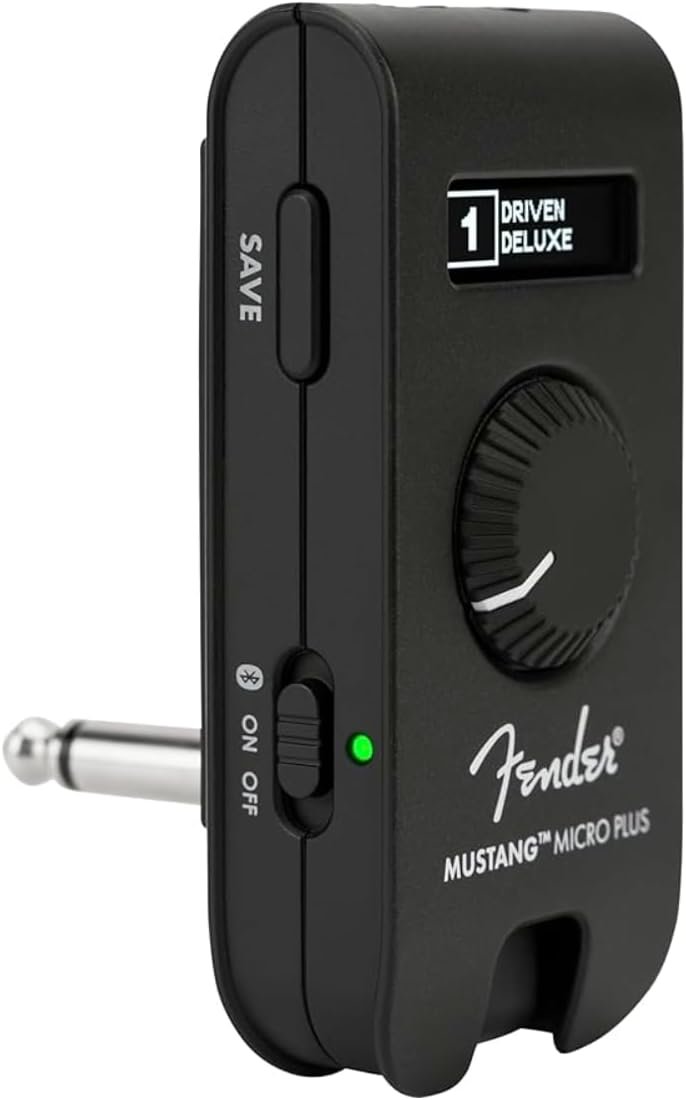 Fender Mustang Micro Plus portable guitar amplifier plugged into an electric guitar with headphones attached