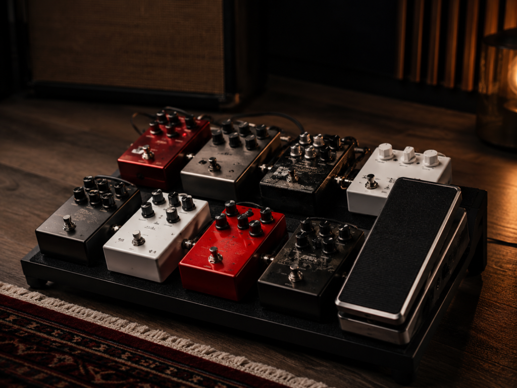Guitar effects pedals arranged on a pedalboard