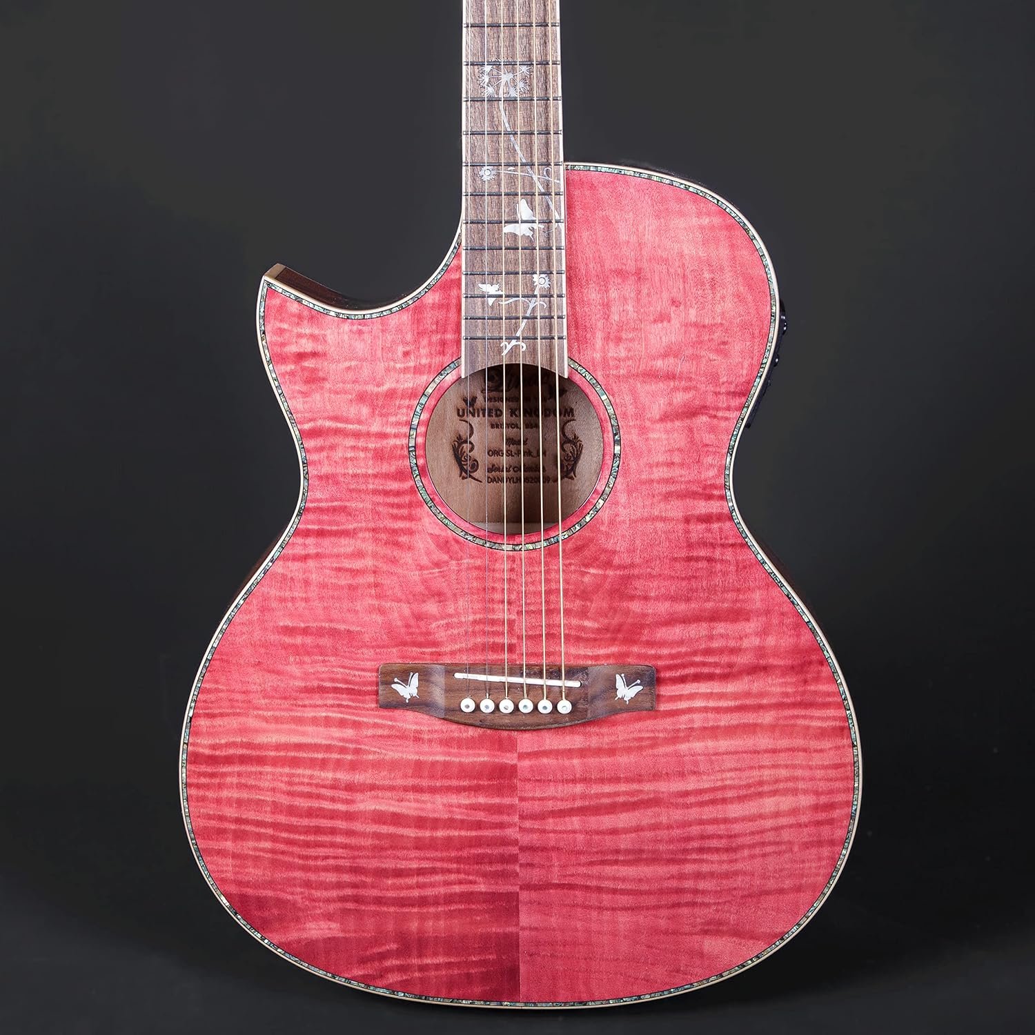 Lindo Dandelion left-handed electro-acoustic guitar with pink quilted maple finish and cutaway body