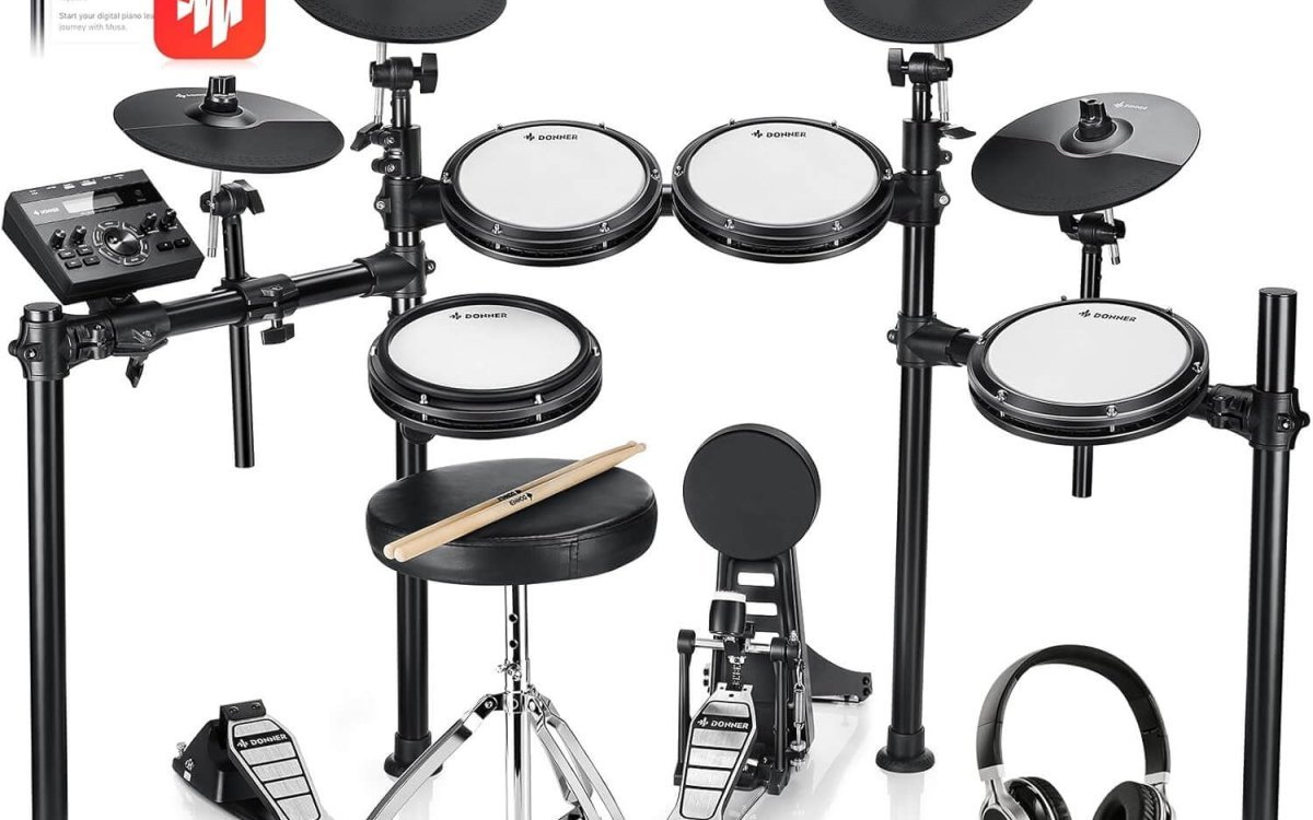 Donner DED-200X Electronic Drum Set, Electric Drum Kit with Quiet Mesh Drum Pads, 2 Cymbals w/Choke, 31 Kits and 450+ Sounds, Throne, Headphones, Sticks, USB MIDI, Melodics Lessons (5 Pads, 4 Cymbals)
