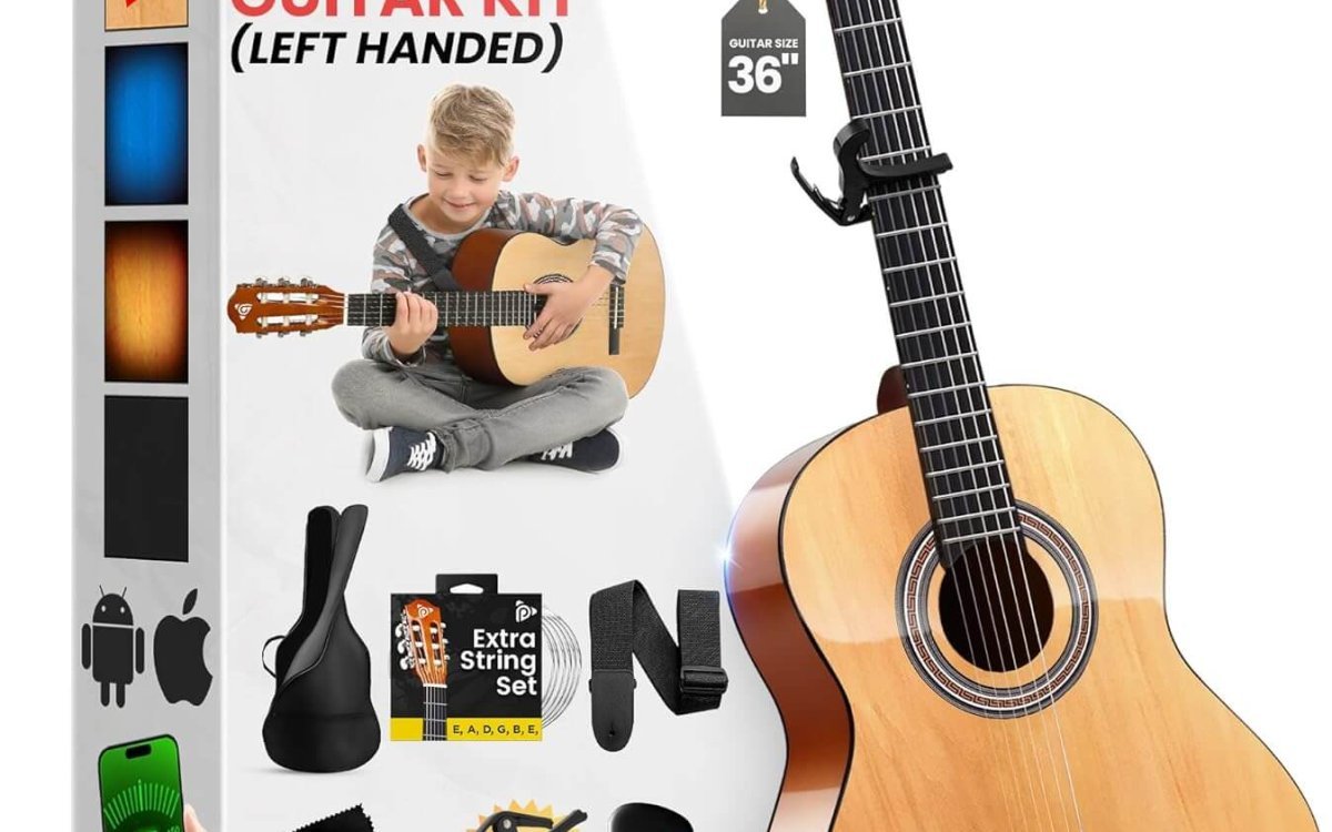 Pyle Left Handed Beginner Acoustic Guitar Kit, 3/4 Junior Size All Wood Build Nylon String Instrument with Capo, Strap, Extra String Set, Gig Bag, Guitars for Beginners Adults Youth, 36" Natural Gloss